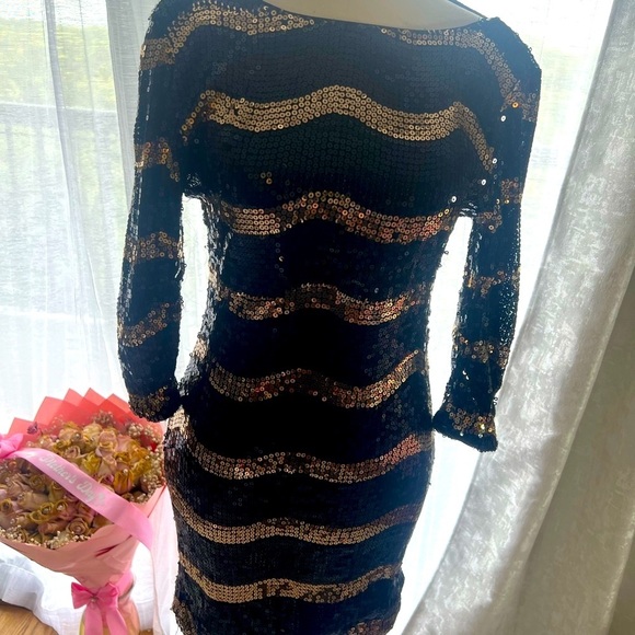 As U Wish Black and Gold Sheath Dress Long Sleeve Bateau - Picture 1 of 7